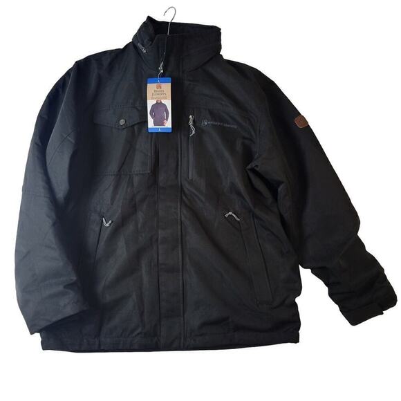 437 NWT Hooded Winter Barn Coat/Jacket Mens Sz L Black Hiking Outdoors. - Picture 1 of 13